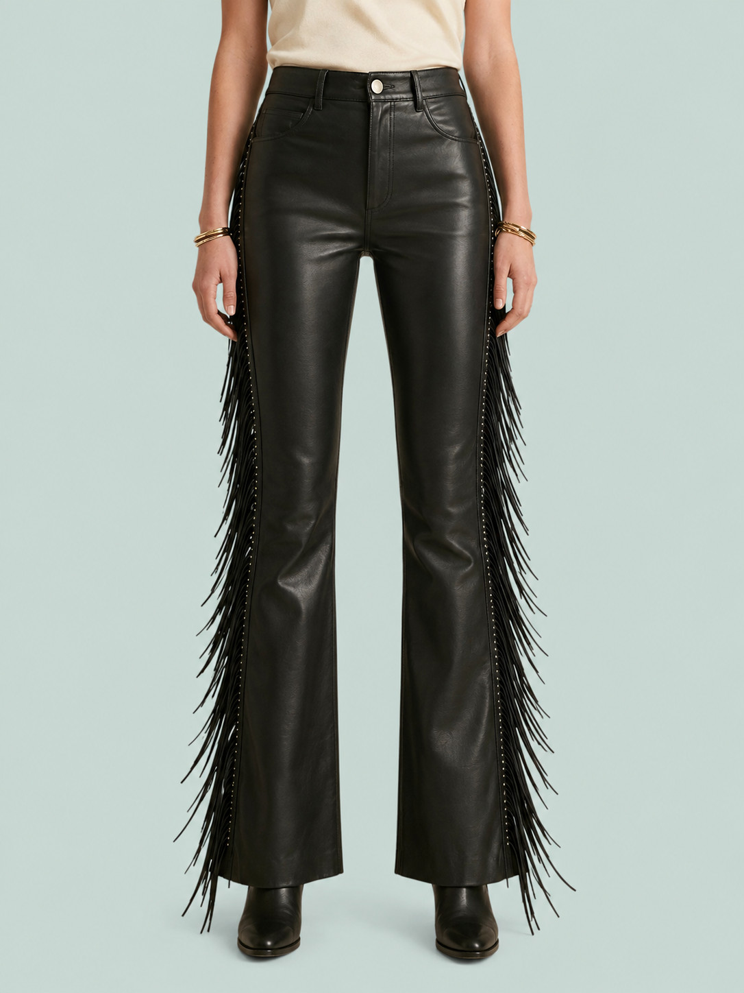 Women's Black Leather Fringe Pants Western Motorcycle Bootcut Trousers Women's Black Leather Fringe Pants Western Motorcycle Bootcut Trousers