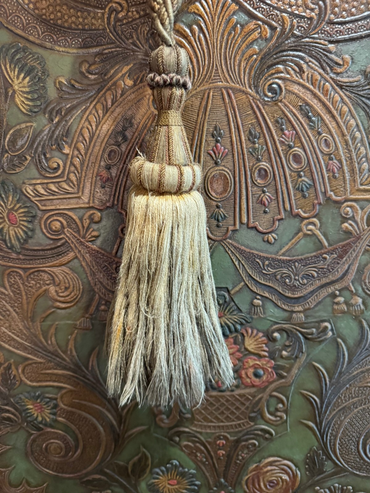 Antique Warm Crimson & Gold French Passementerie Single Tassel Tieback  19th C