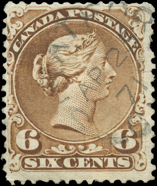 Canada Scott #27a Used F-VF 6c 1868 Large Queen Issue Stamp Canada Scott #27a Used F-VF 6c 1868 Large Queen Issue Stamp