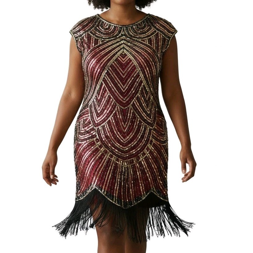 Fundaisy Dress Plus Size 3XL Red Black Mesh Gold Sequins Fringe Gatsby Flapper Fundaisy Dress Plus Size 3XL Red Black Mesh Gold Sequins Fringe Gatsby Flapper