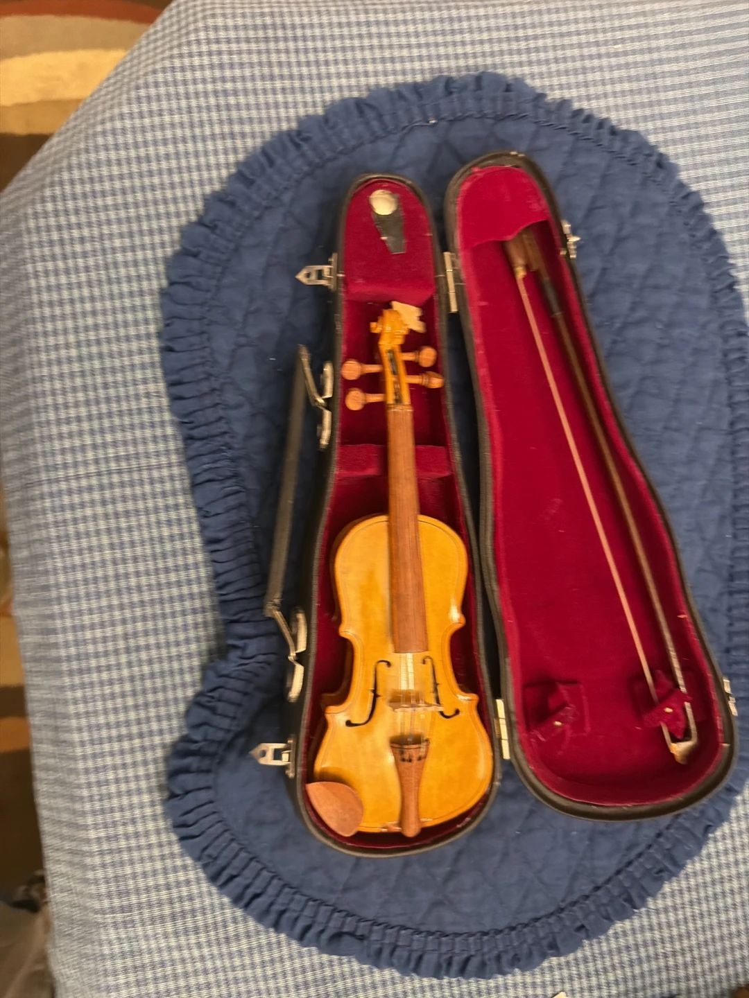 Vintage miniature wooden violin with bow and velvet-lined hard case