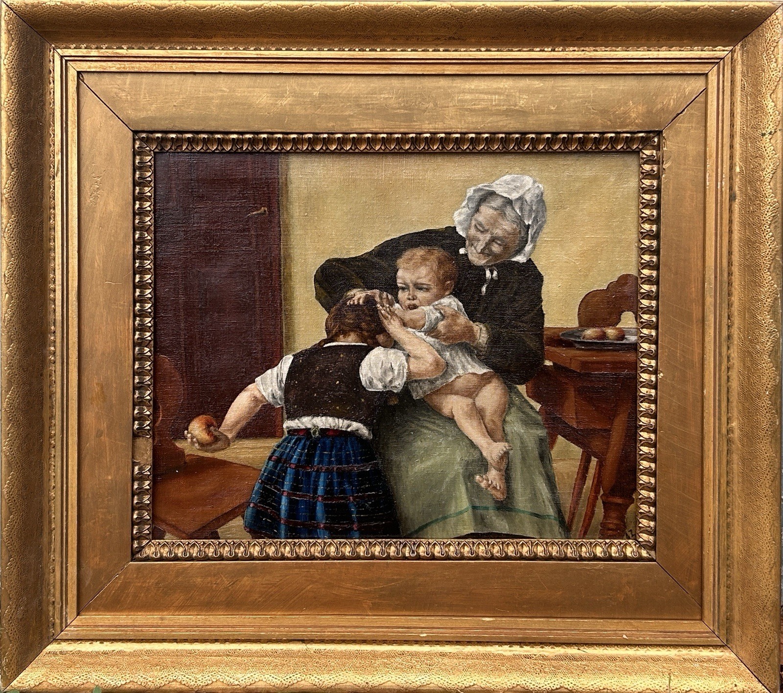 Antique Oil Painting Grandmother & Children Genre Scene Framed 19th Century