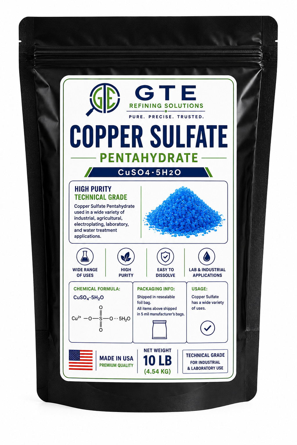 Copper Sulfate Crystals 99% Pure Pentahydrate - 10 Lbs.