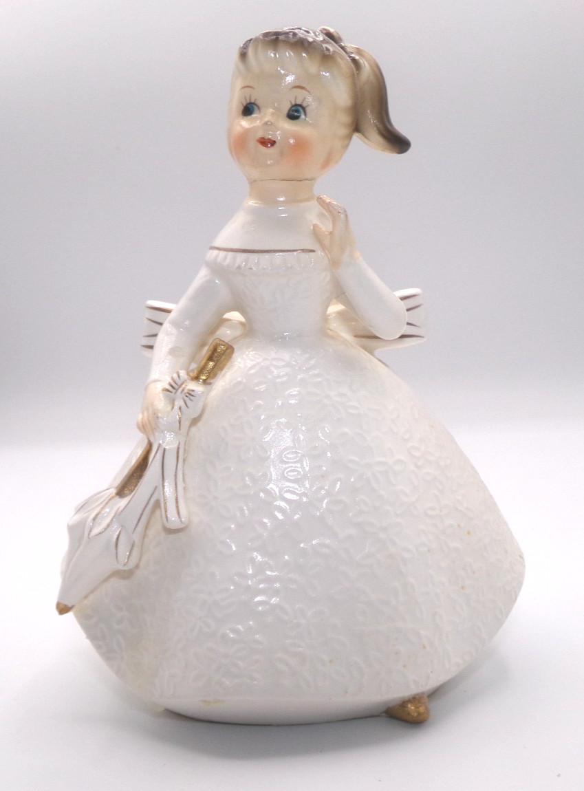 Vintage Ceramic Lady Planter Rubens  White Gold Umbrella White Dress Big Bow