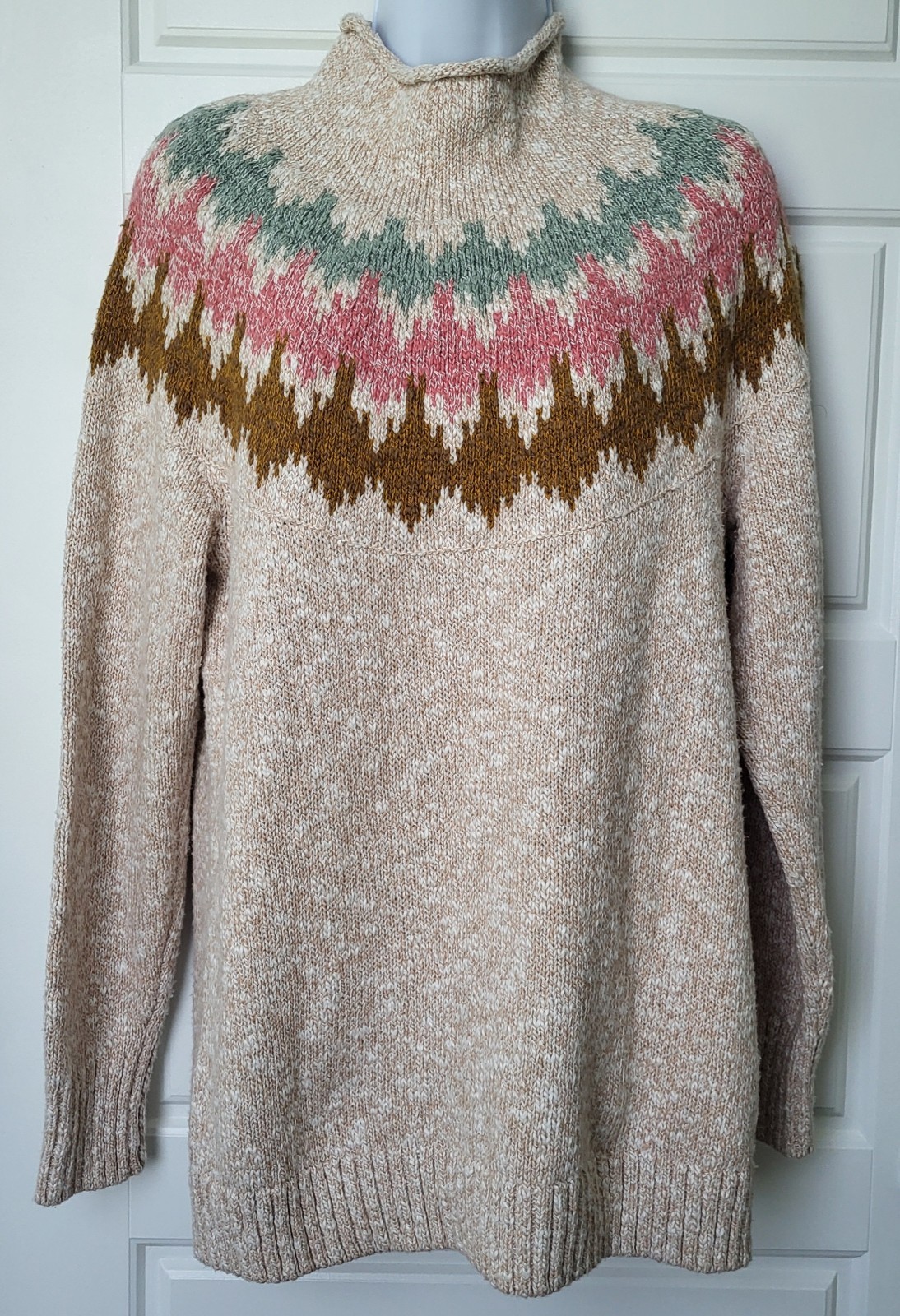L.L.Bean Women’s Large 100% Cotton Fair Isle Yoke Mock Neck Pullover Sweater \