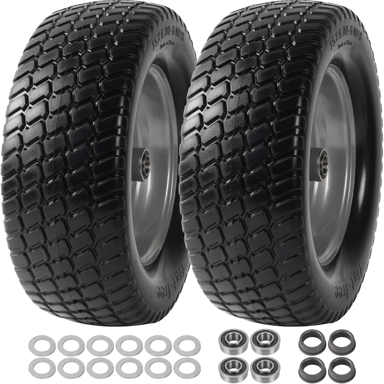 (2 Pack) 15 x 6.00-6 Front Tire and Wheel Flat Free Lawn Mower Tires with Rim 3\ (2 Pack) 15 x 6.00-6 Front Tire and Wheel Flat Free Lawn Mower Tires with Rim 3\