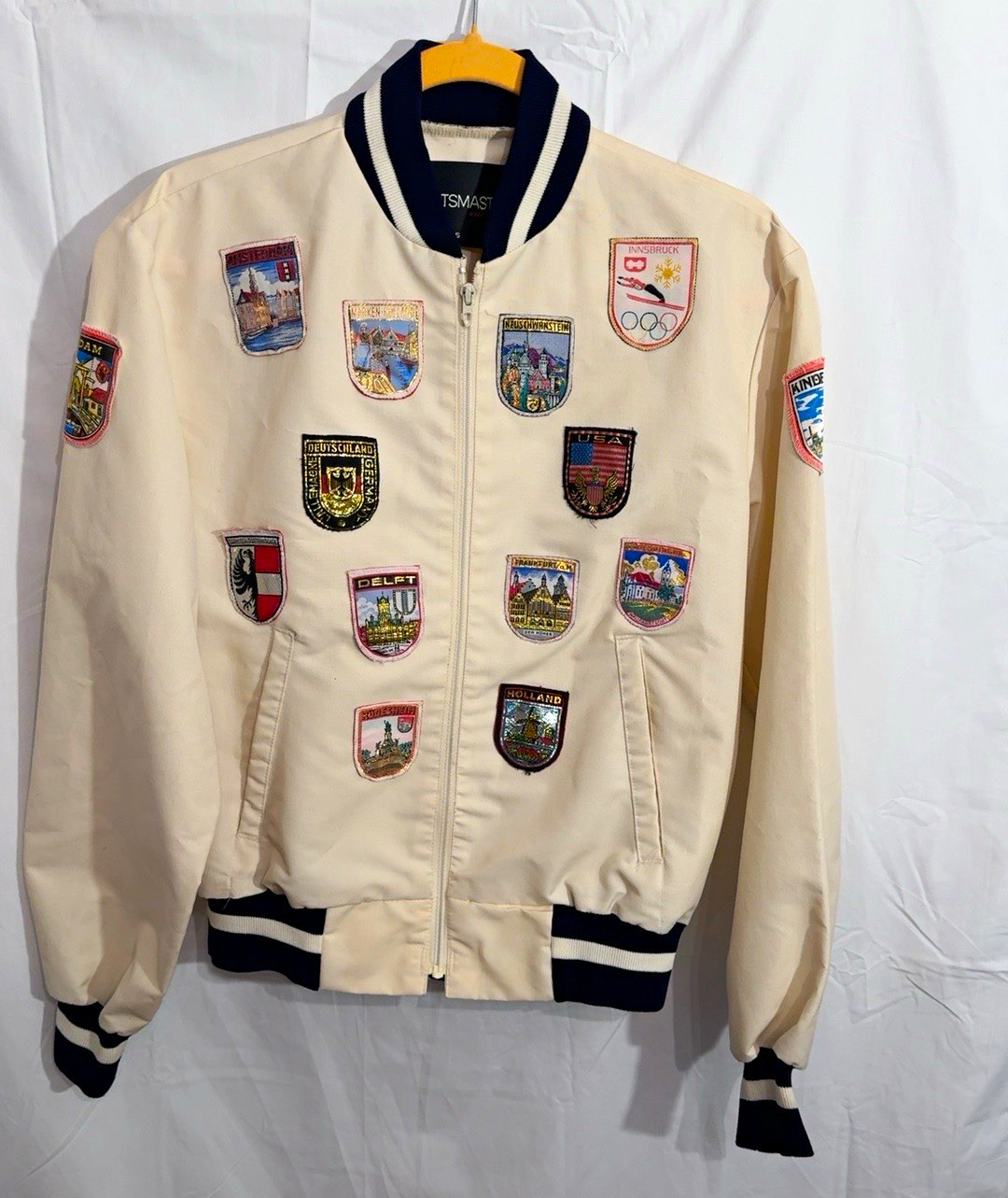 Vintage Sportsmaster Men’s Beige Bomber Jacket S Zip Olympic Embroidered Patches