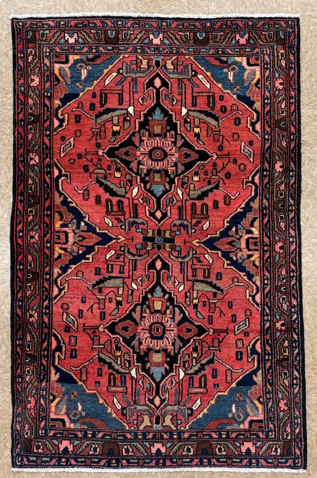 Vintage Antique Hamedan Tribal Geometric Hand Knotted Wool Oriental Rug 4x7 Boho