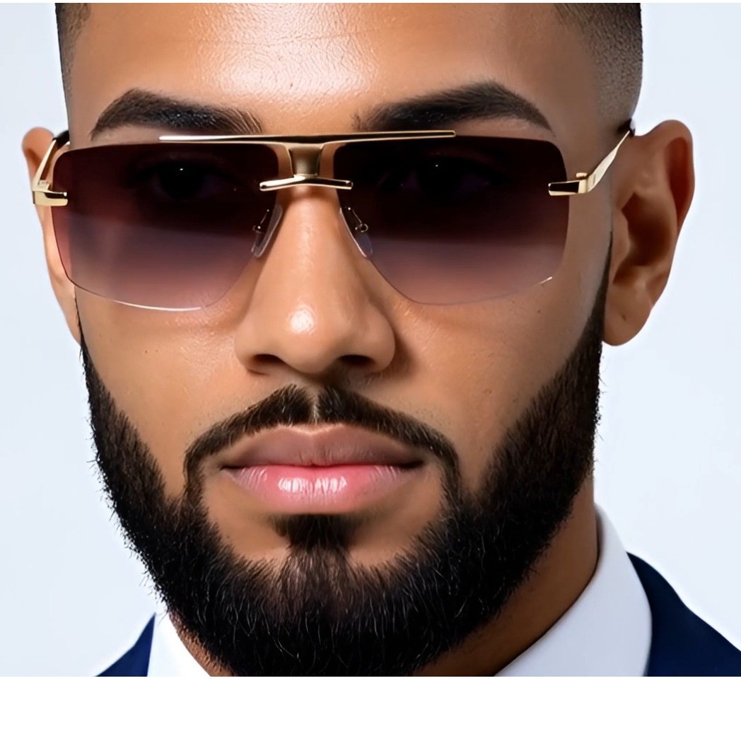 Sunglasses Men\'s Gold Frame Rimless Square Gradient Black Lens Street Wear Trend