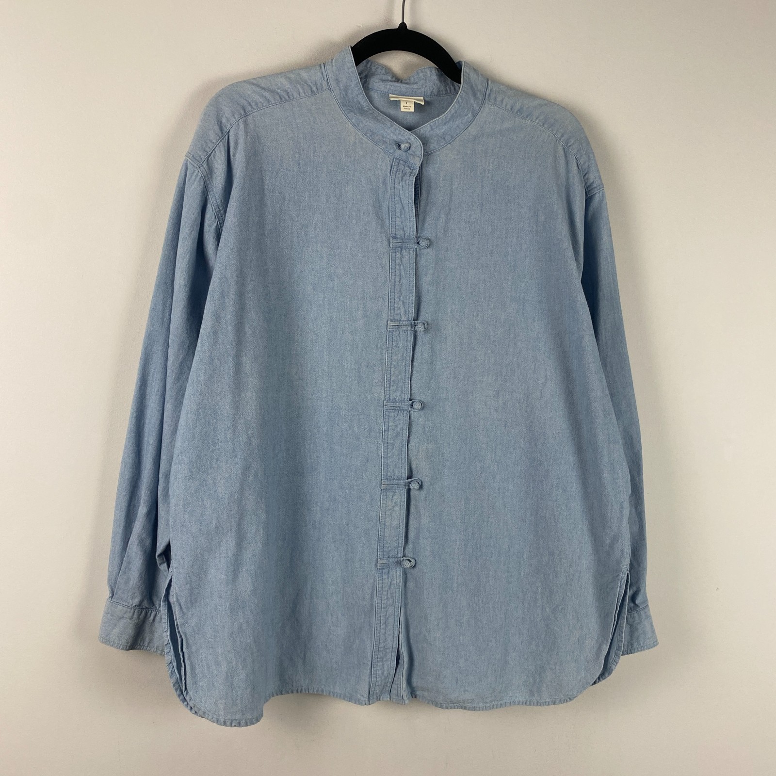J Jill Denim Shirt L Light Blue Chambray Mandarin Collar Asian Toggle Tunic