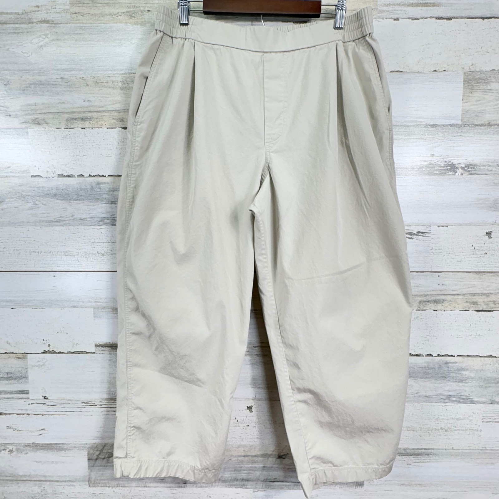COS Beige Tan Wide Leg Cropped Pants Elastic Waist Lagenlook Lyocell Cotton Sz L