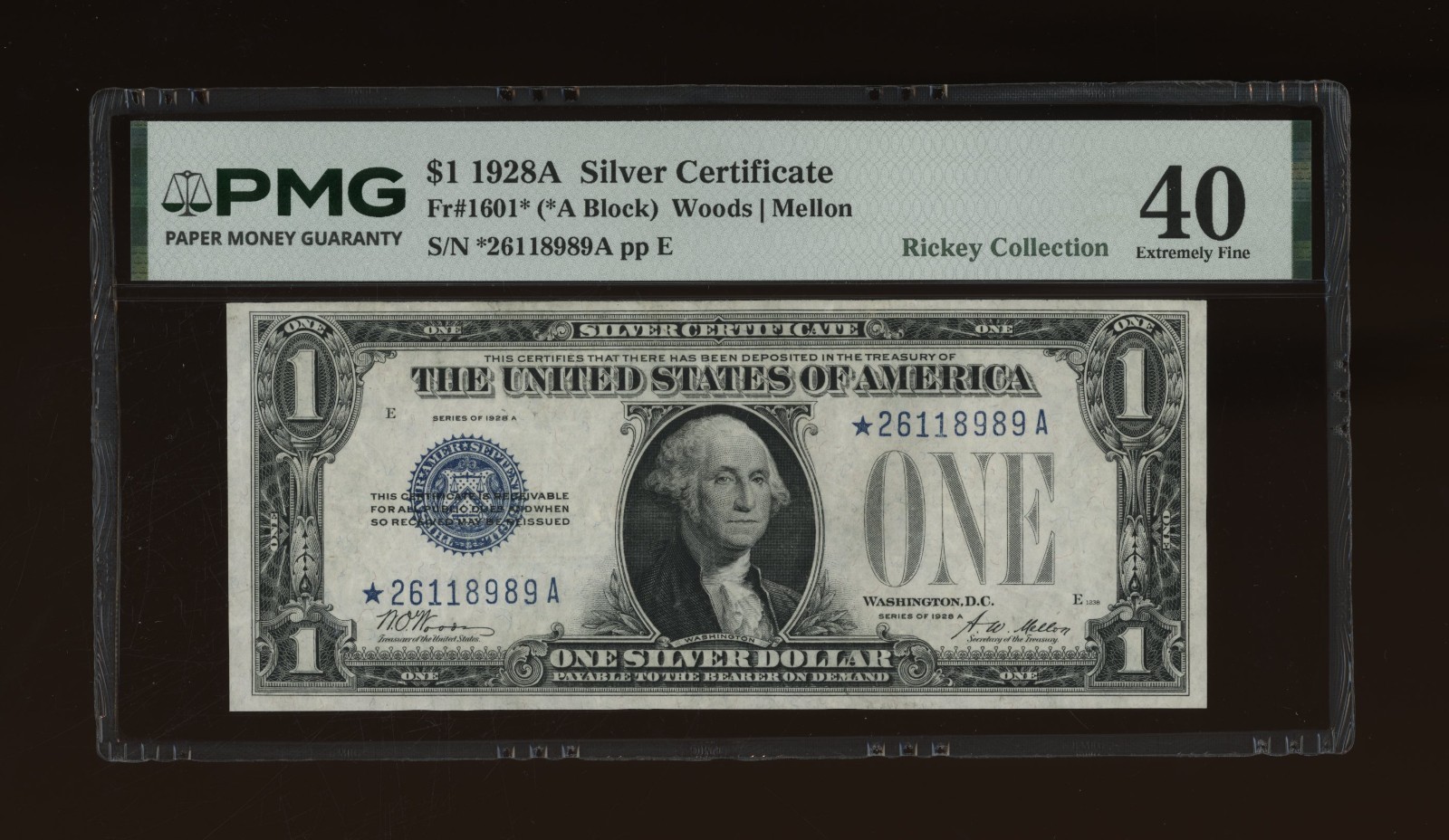 DBR 1928-A $1 Silver Funnyback STAR Fr. 1601* PMG XF-40 Serial *26118989A