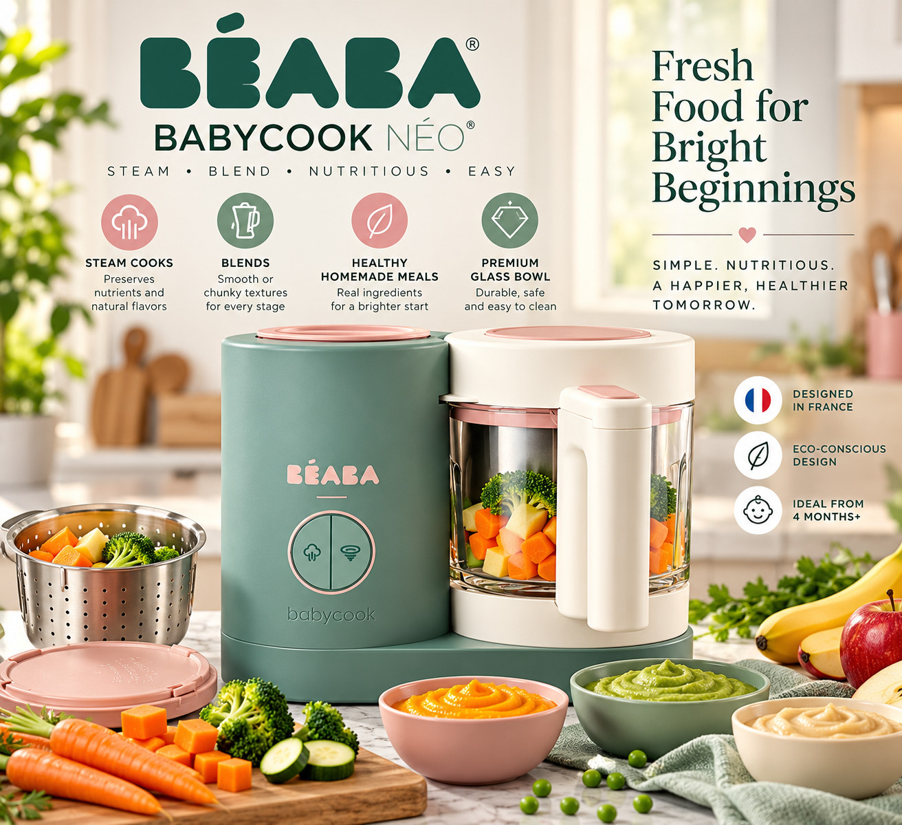 BEABA Babycook Neo Baby Food Maker Steamer Blender Glass Bowl Eucalyptus Pink