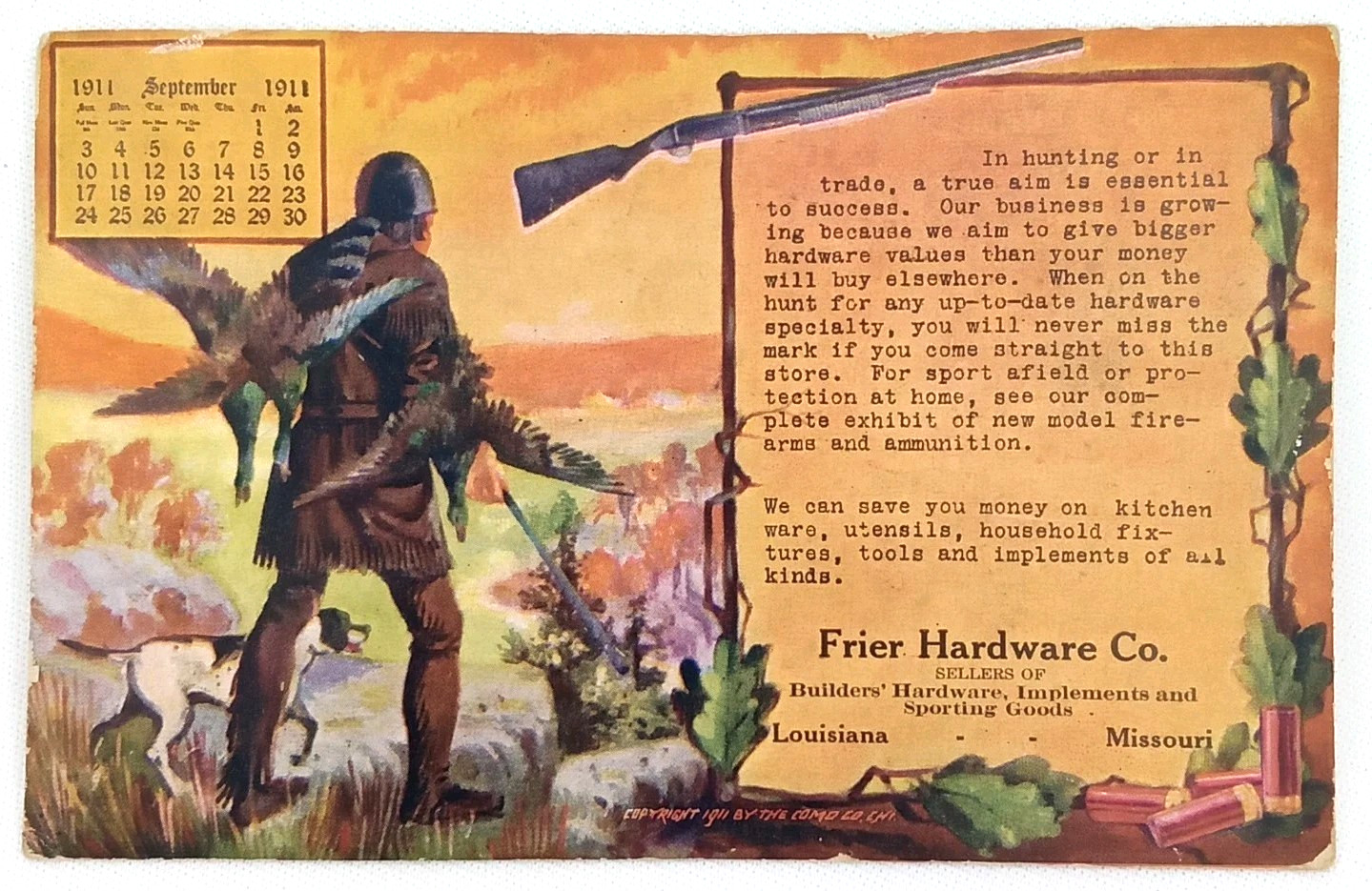 Antique 1911 Advertising Postcard With Calendar Frier Hardware Co Louisiana MO