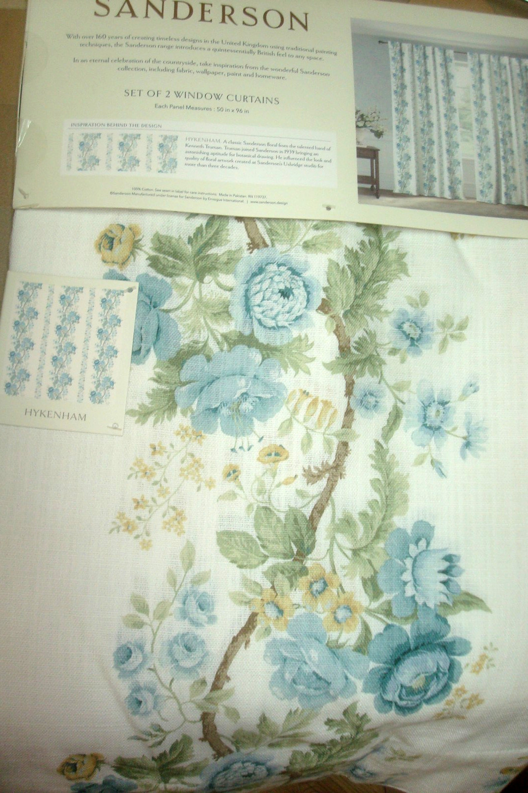 NWT Sanderson 2 pc Window Curtain Panels Hykenham Floral Aqua Blue Cotton 96\