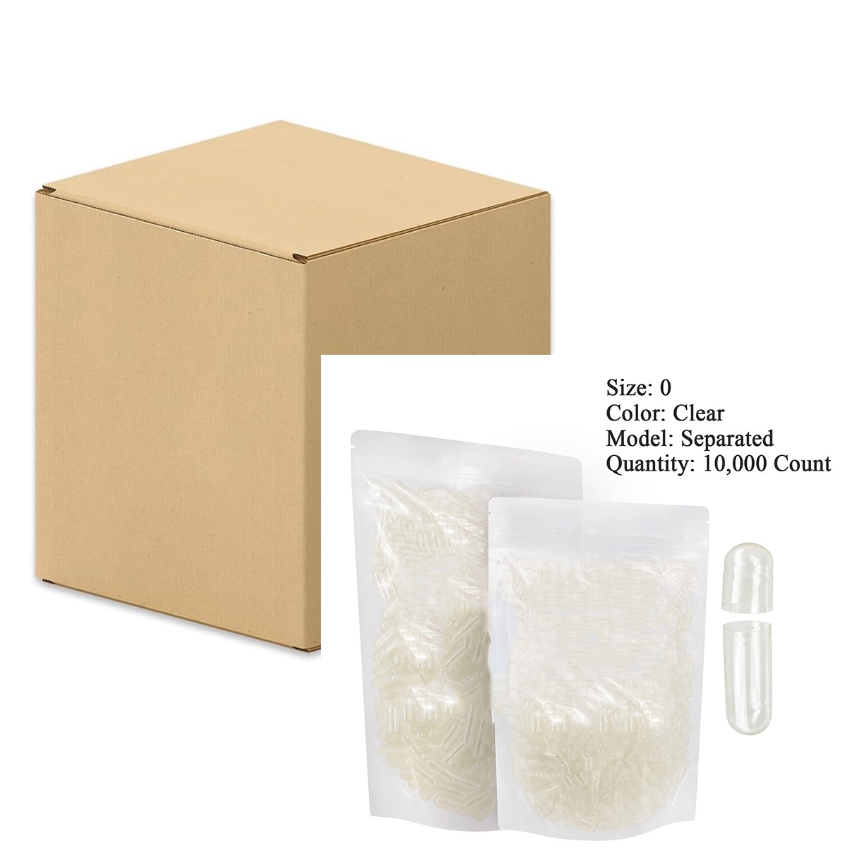 10,000 Box of Bulk Empty Gelatin Capsules Size 0 Clear Gel Caps Separated Halal