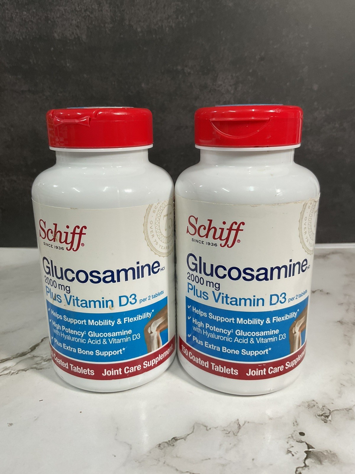 2 Pk: Schiff Glucosamine 2000mg+Vitamin D3 150 Tabs ea (Exp 8/27) 2 Pk: Schiff Glucosamine 2000mg+Vitamin D3 150 Tabs ea (Exp 8/27)