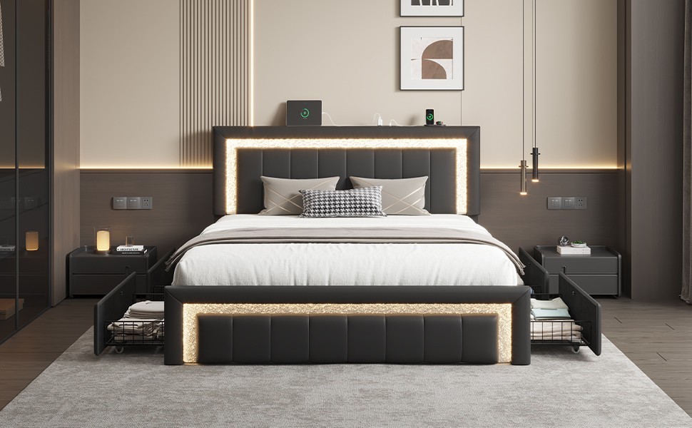 Full/Queen Bed Frame with Upholstered LED Headboard&4 Storage Drawer, Charging Full/Queen Bed Frame with Upholstered LED Headboard&4 Storage Drawer, Charging