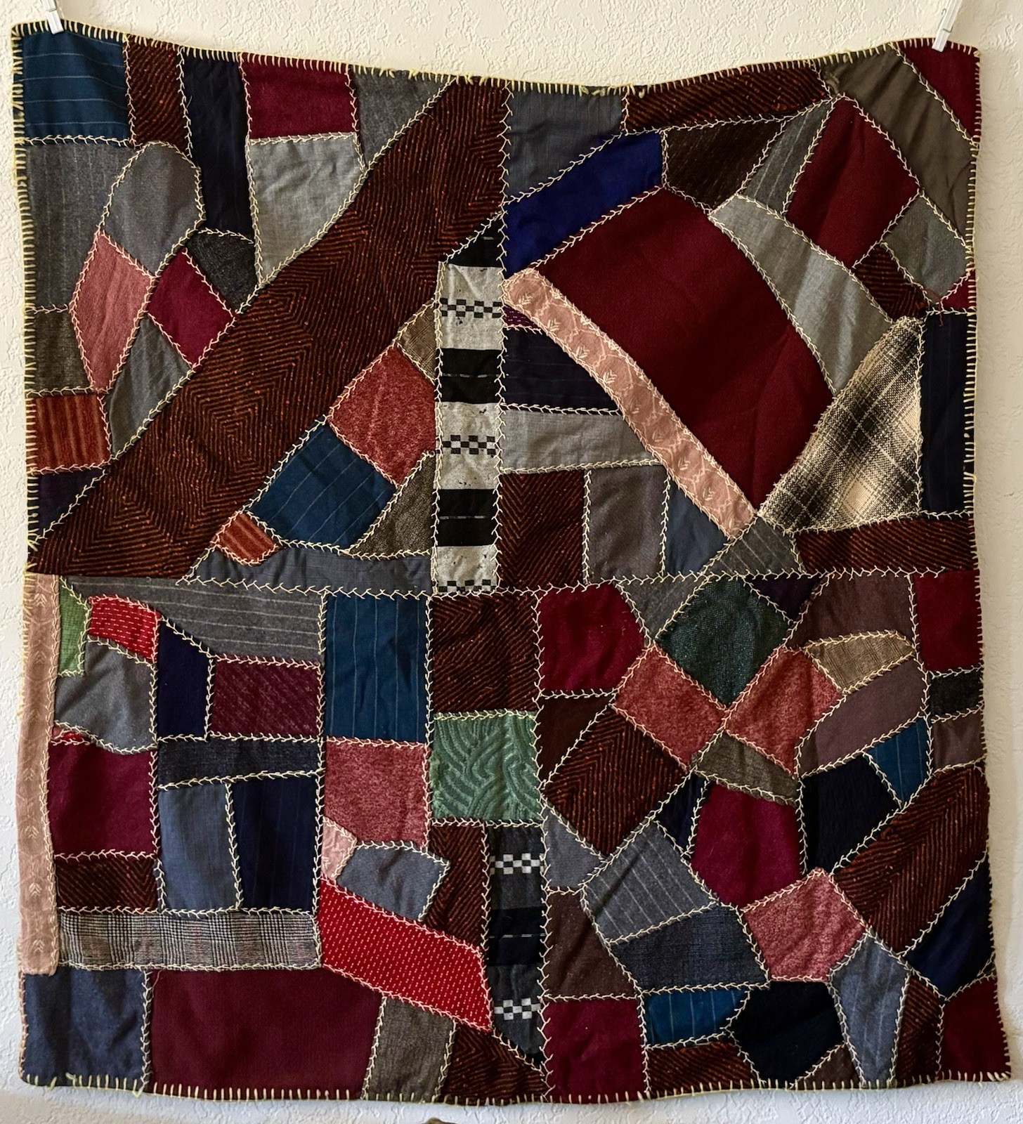 Authentic 1920s Antique Crazy Quilt 41” x 41” Hand Sewn Vintage Textile Blanket