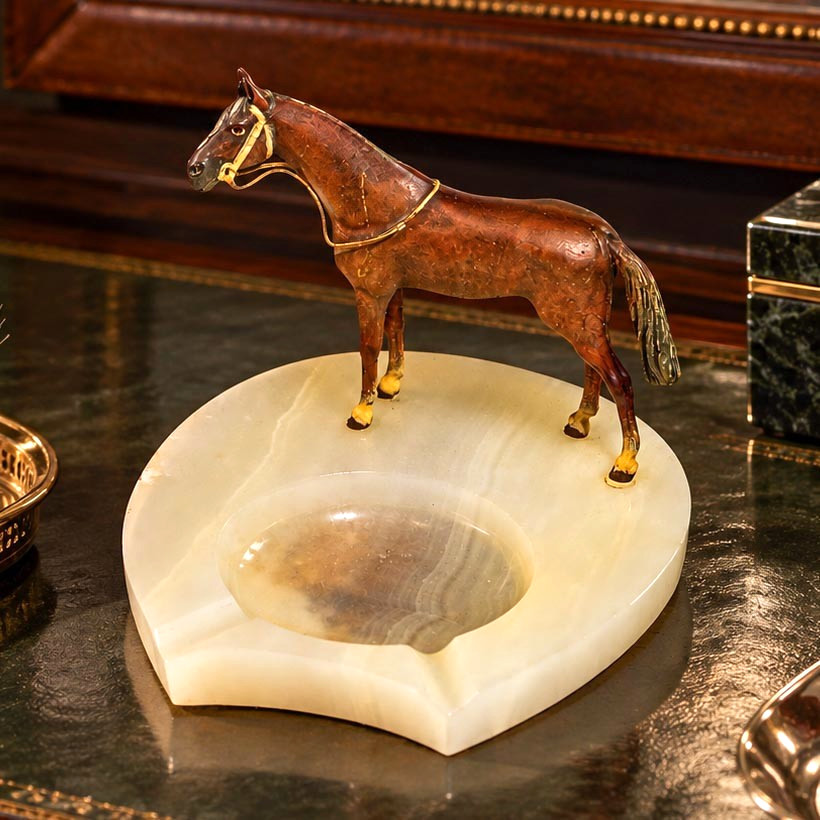 Asprey Austrian Cold Painted Antique Bronze Horse Statue Sculpture Onyx Catchall