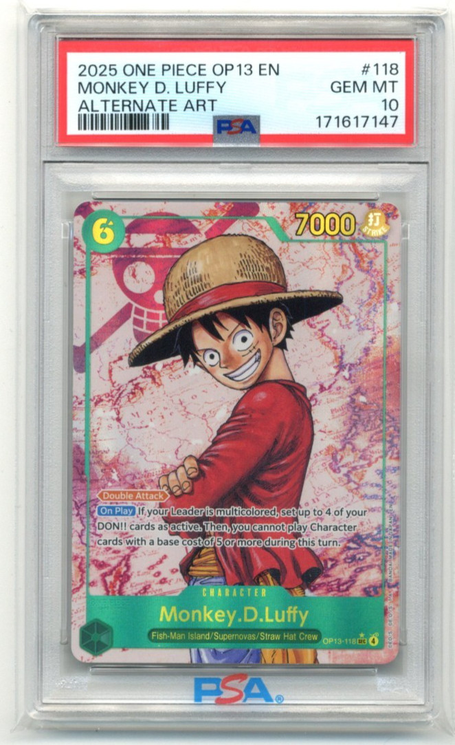 2025 One Piece OP13 Carrying on His Will 118 Monkey D Luffy Alt Art PSA 10