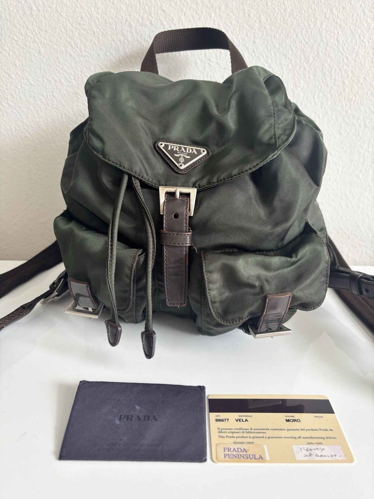 PRADA Vela Backpack Green Nylon Brown Leather Straps Prada COA