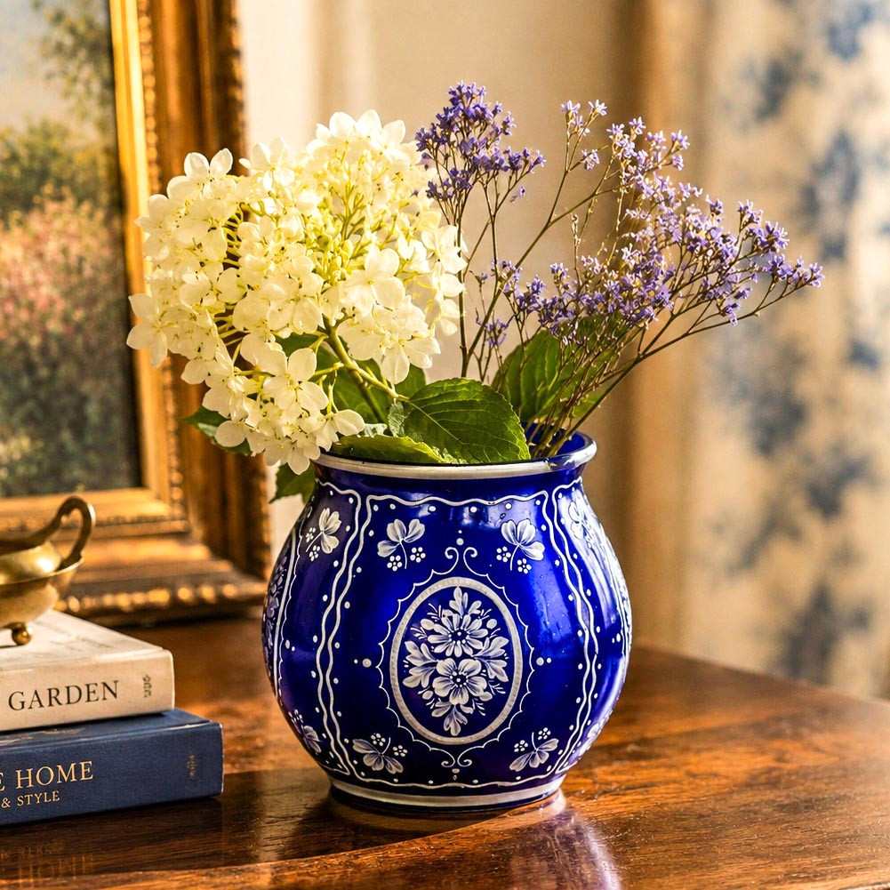 Charming Small Vintage Blue and White Hand Applied Glass Vase Floral Design Charming Small Vintage Blue and White Hand Applied Glass Vase Floral Design