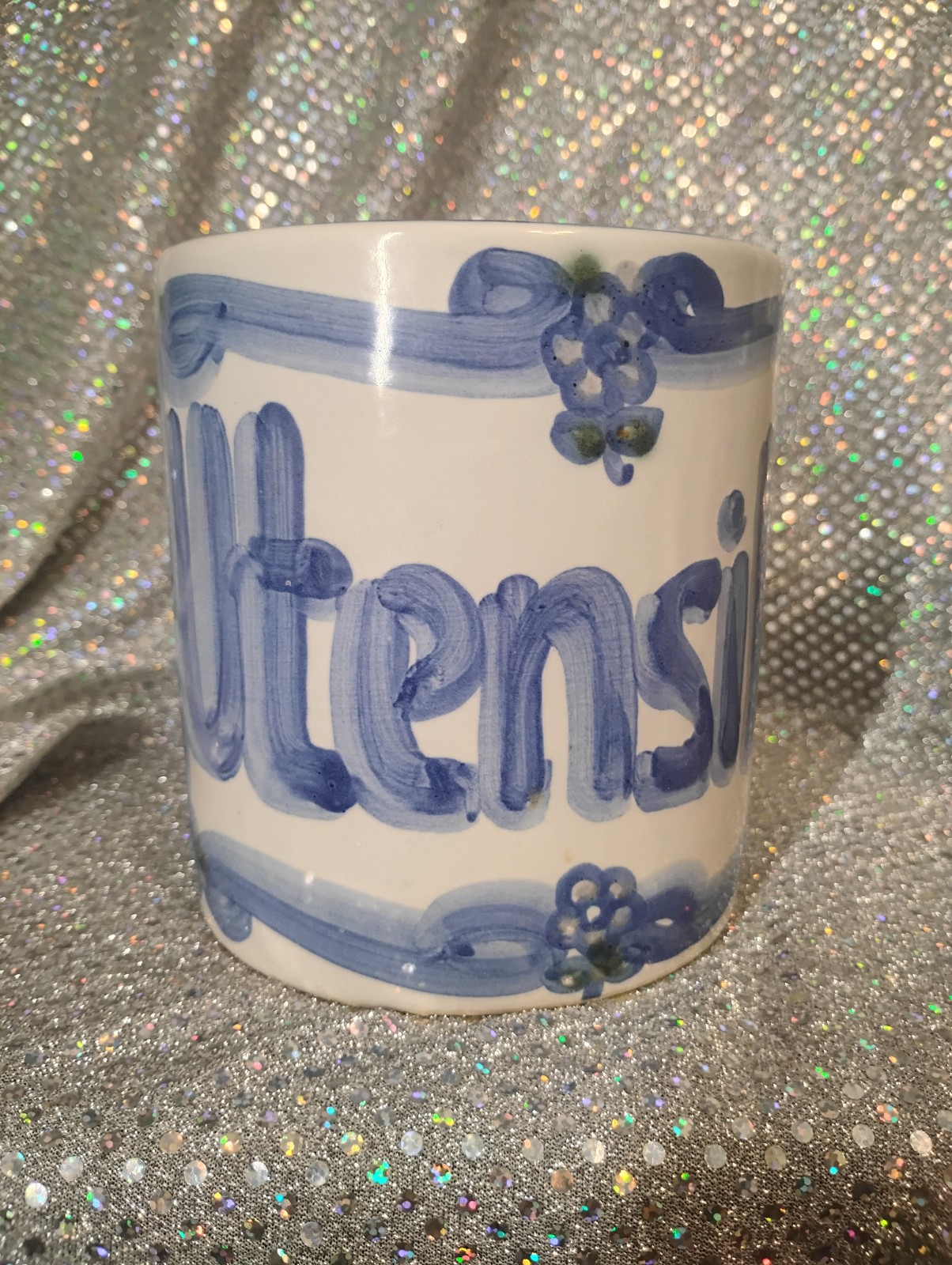 MA Hadley Pottery Vintage Hand Painted Flowers Utensils Caddy Crock Container