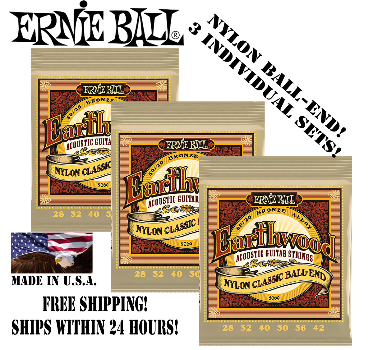 *3 SETS ERNIE BALL EARTHWOOD 80/20 NYLON BALL-END ACOUSTIC GUITAR STRINGS 2069*