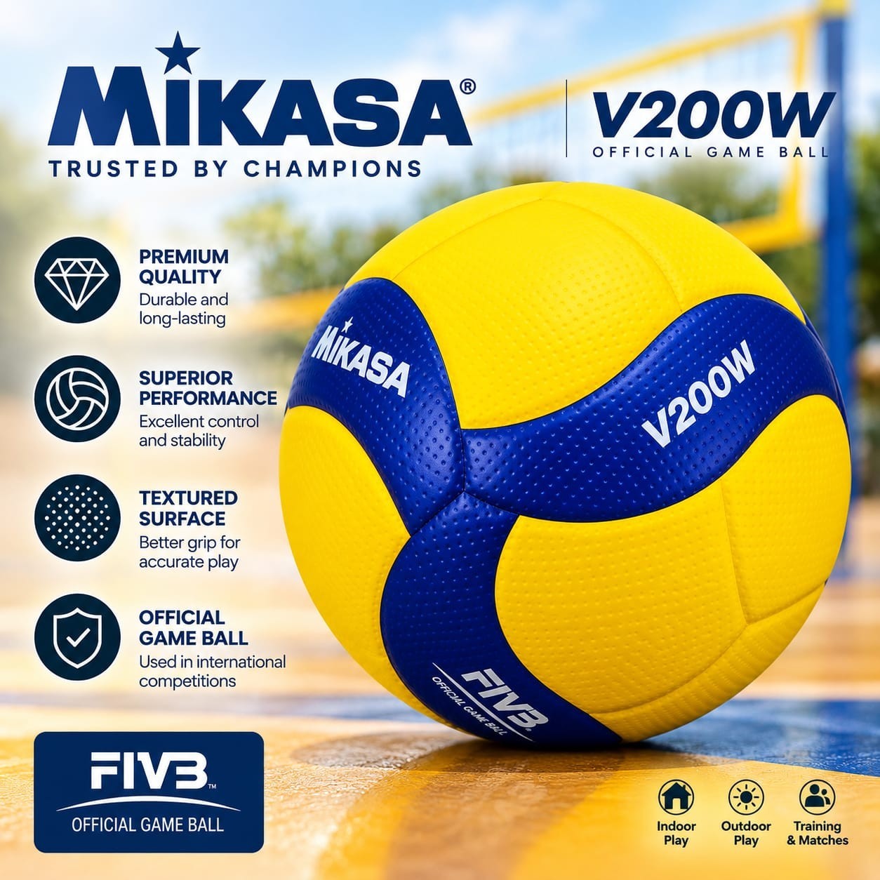 Mikasa V200W Volleyball Official FIVB Game Ball Size 5 Indoor Outdoor Blue Yello Mikasa V200W Volleyball Official FIVB Game Ball Size 5 Indoor Outdoor Blue Yello