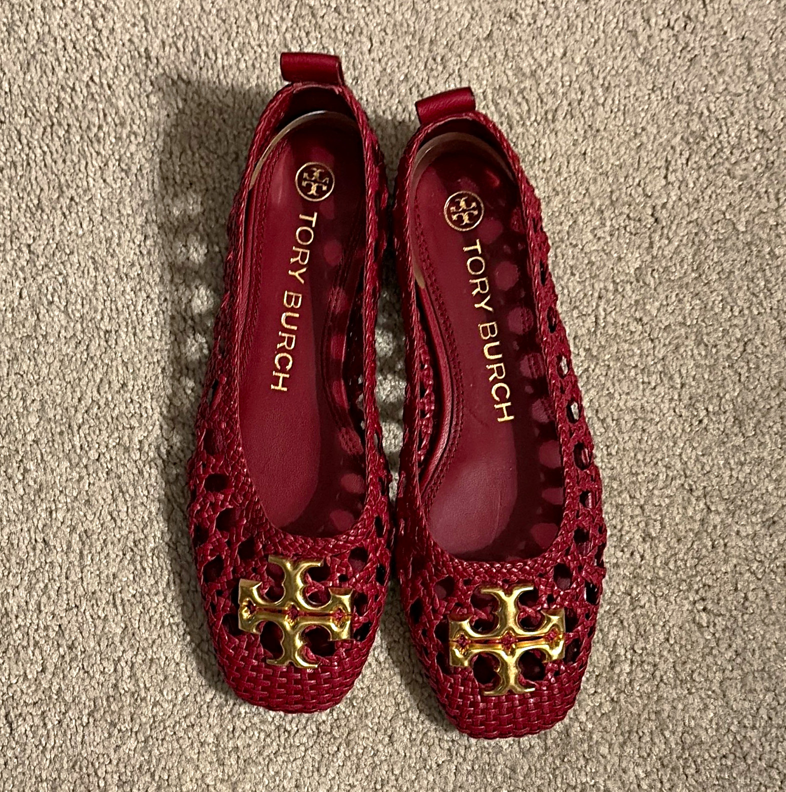 Tory Burch Red Woven Chelsea Ballet Flats Slip-On Round Toe with Logo Accent Tory Burch Red Woven Chelsea Ballet Flats Slip-On Round Toe with Logo Accent