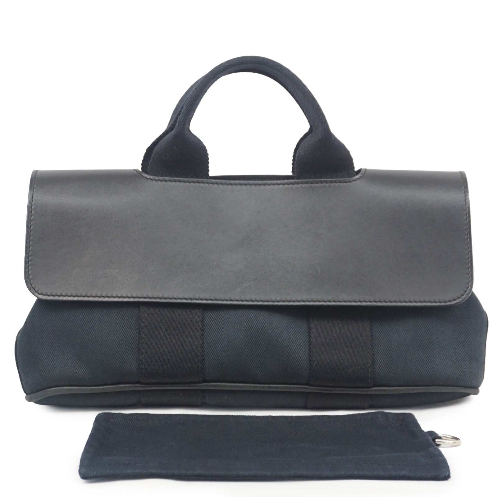 HERMES Valparaiso Long PM Handbag Toile Chevron Leather Black w/Pouch