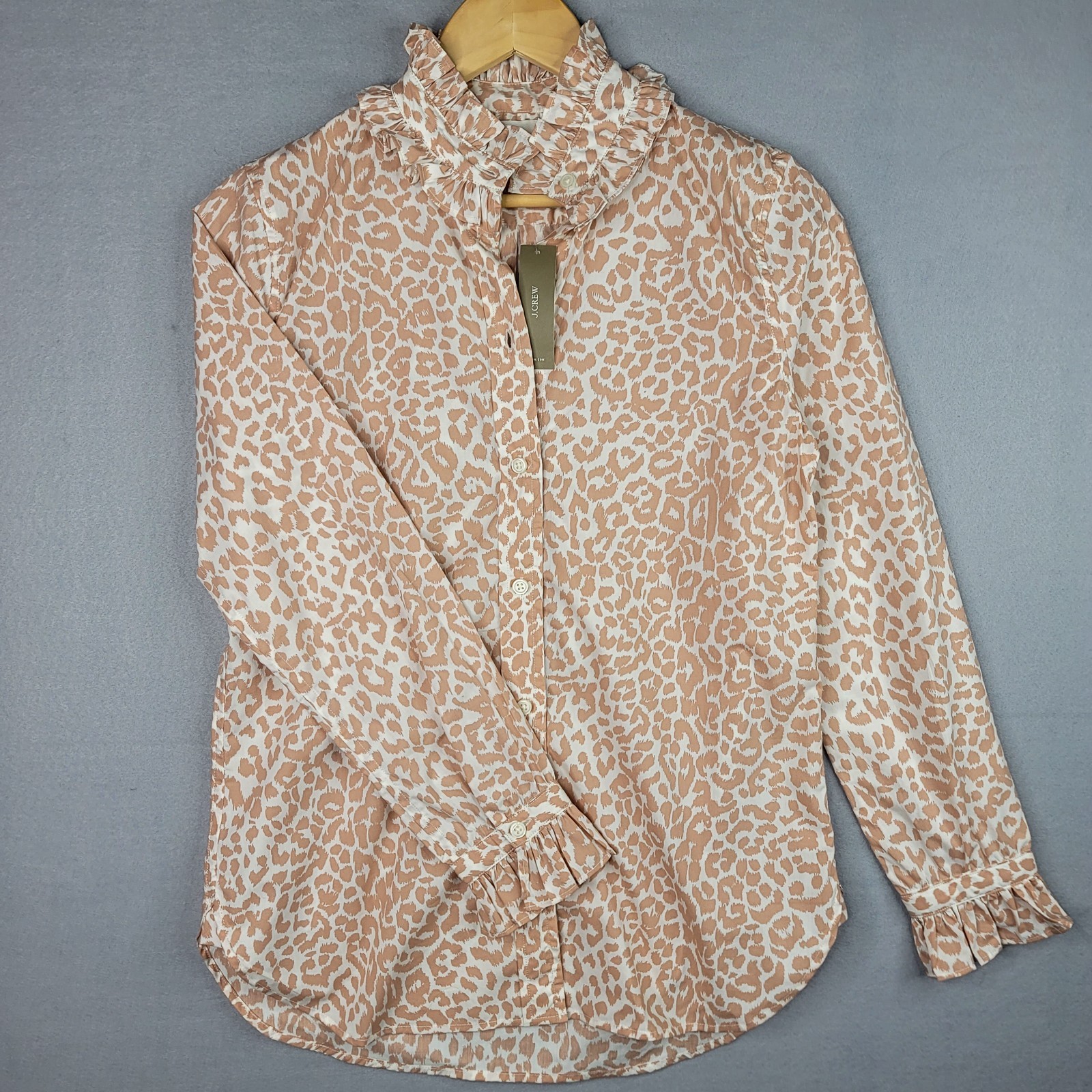 J CREW Ruffleneck Blouse Womens 0 Ivory Tan Leopard Cotton Ruffle Collar NEW