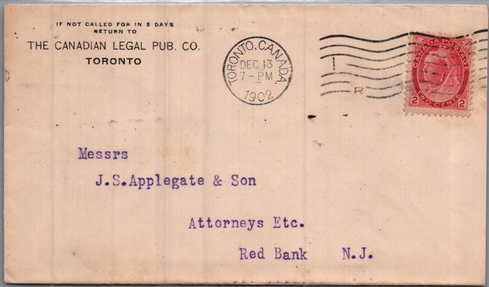 CANADA 1902 POSTAL LEGAL COVER ADDR N.J. USA & POSTMARK TORONTO CANADA 1902 POSTAL LEGAL COVER ADDR N.J. USA & POSTMARK TORONTO