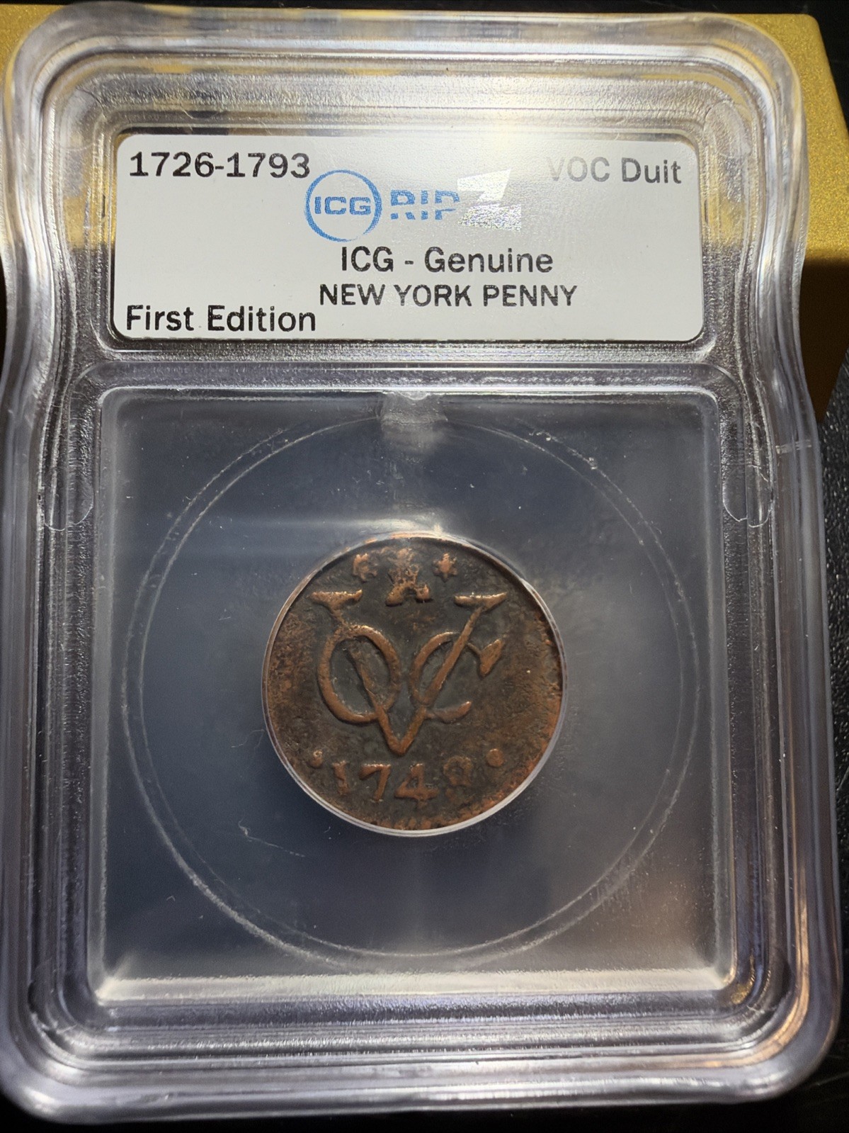 RARE VOC N.E. Indies 1748 New York Penny 1 Duit Colonial Copper KM#1 BN