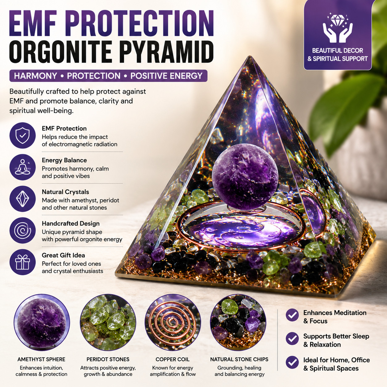 EMF Protection Orgonite Pyramid Amethyst Peridot Healing Crystal Energy Orgone EMF Protection Orgonite Pyramid Amethyst Peridot Healing Crystal Energy Orgone
