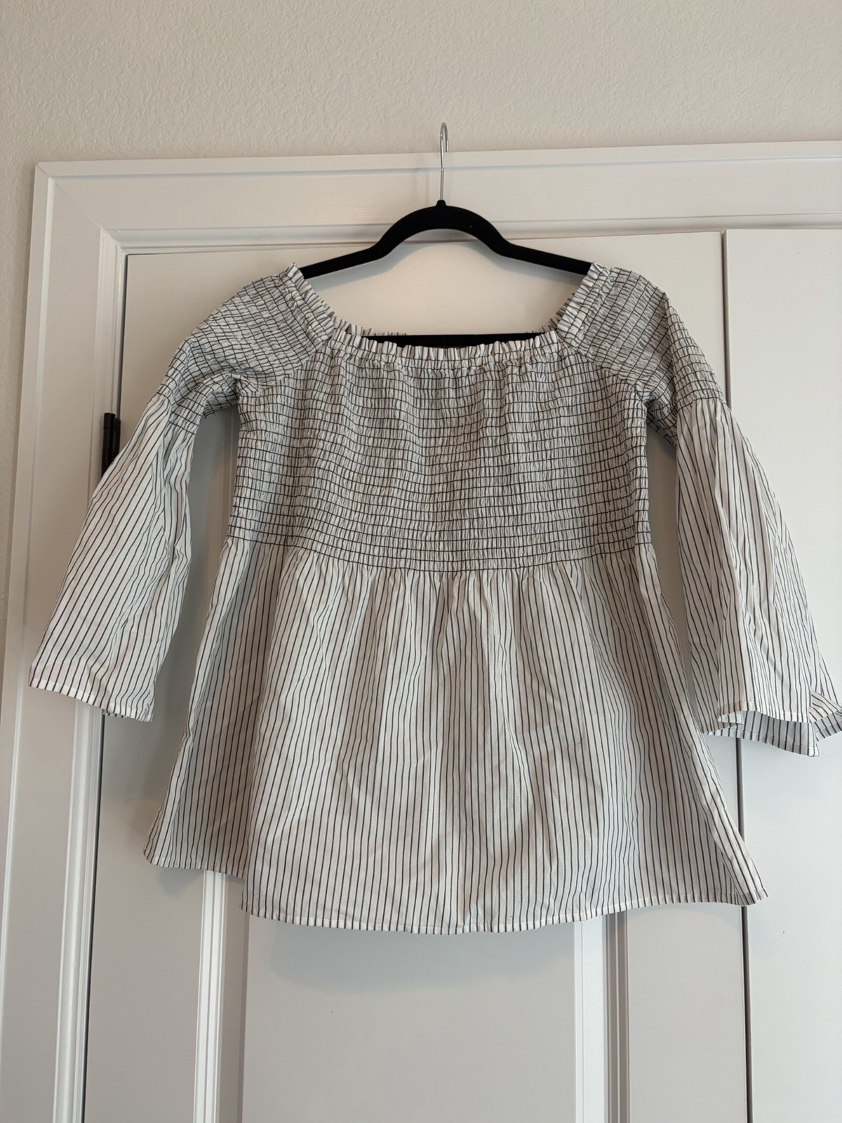 LOFT NWT Striped Smocked Bell Sleeve Blouse Women\'s M Black White 100% Cotton