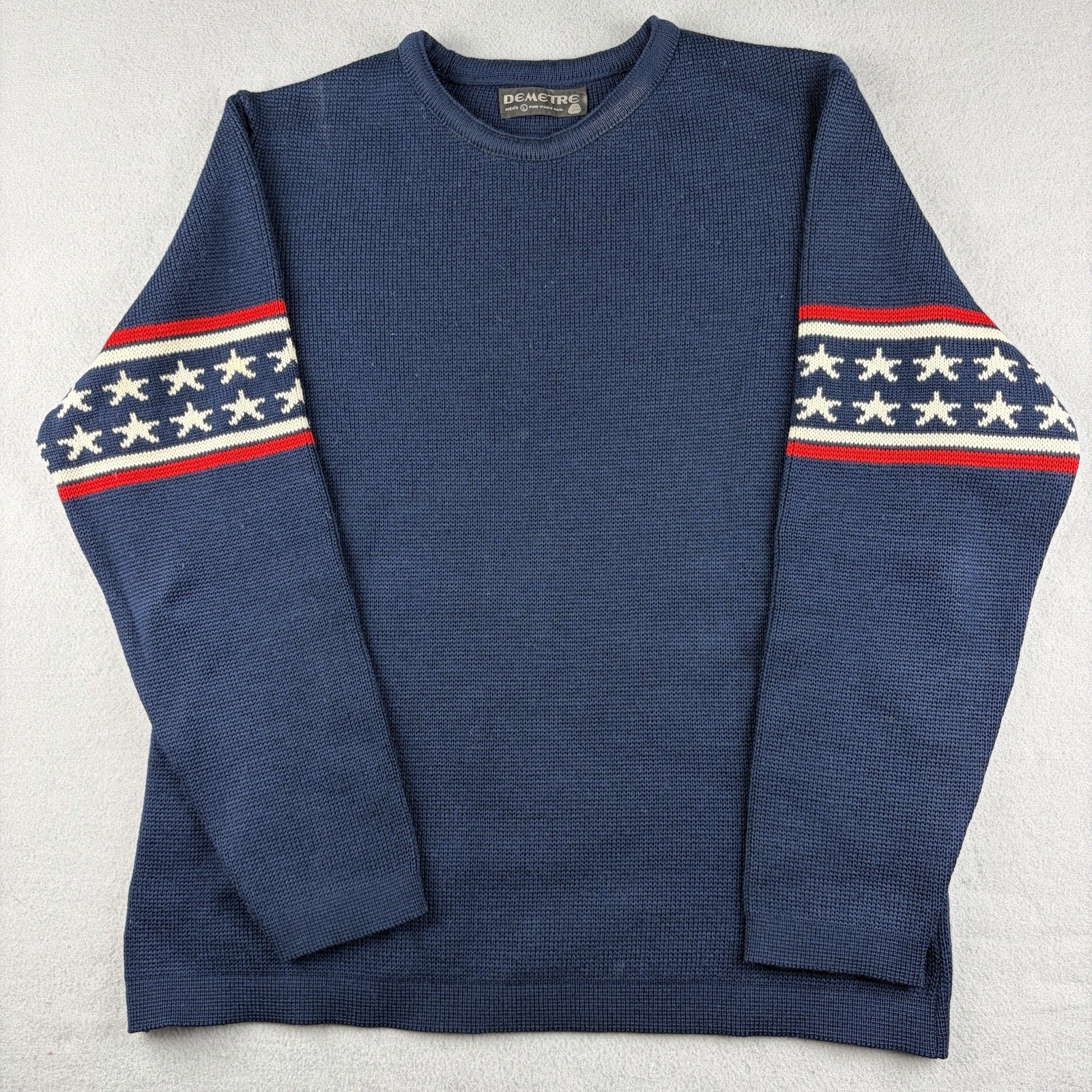 Vintage Demetre Pure Virgin Wool Stars Stripes Sweater Navy Men’s Large USA Vintage Demetre Pure Virgin Wool Stars Stripes Sweater Navy Men’s Large USA