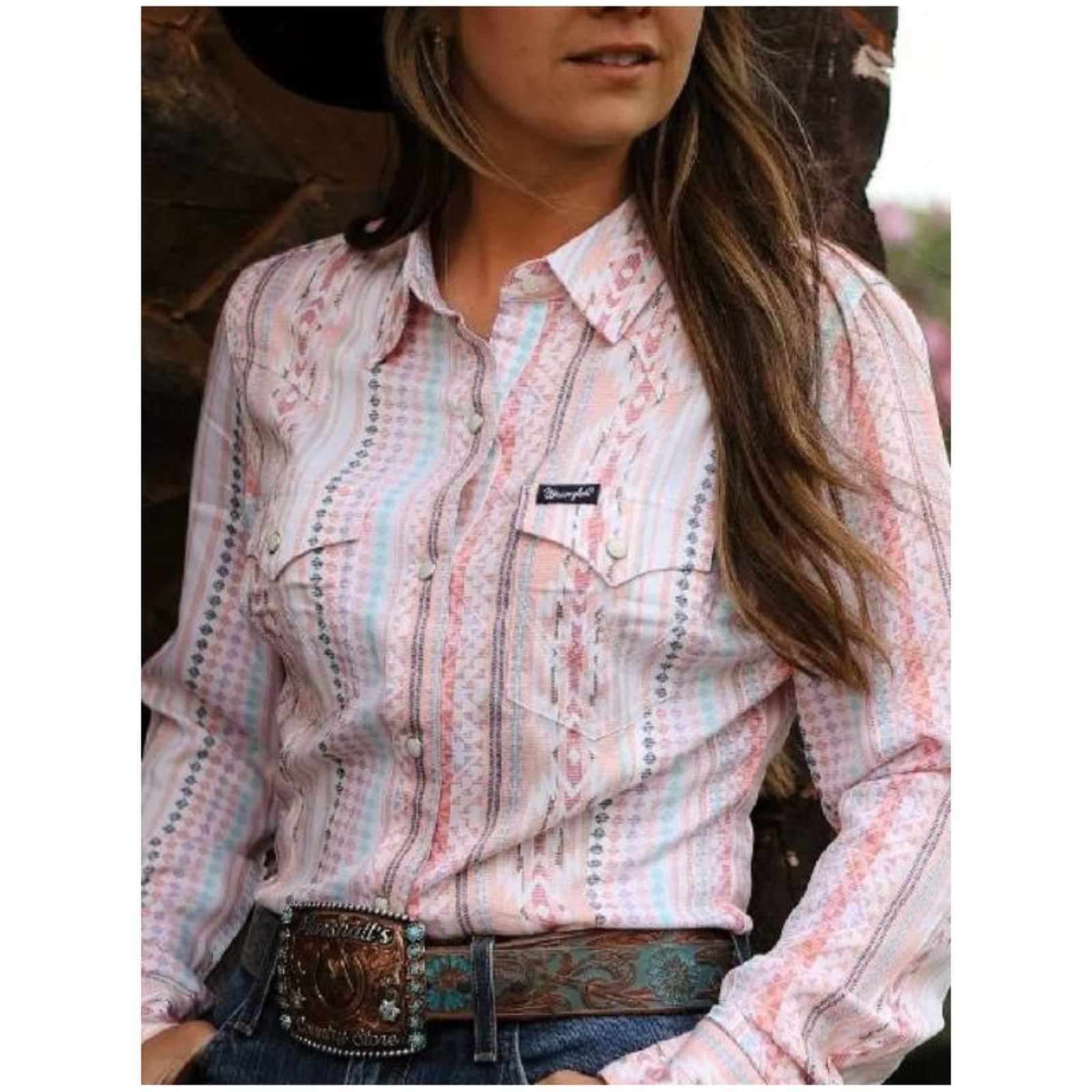 Wrangler Retro Sz L NWT Pink Western Shirt Pearl Snap Southwestern Print