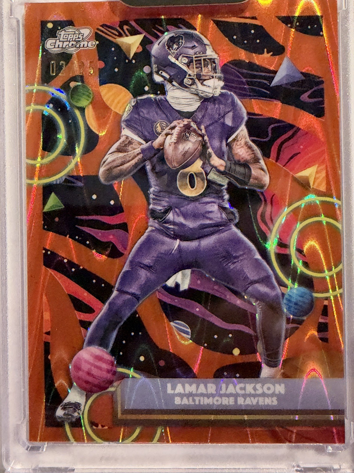 2025 Topps Chrome Cosmic Lamar Jackson Baltimore Ravens #24 Orange Galactic 2/25 2025 Topps Chrome Cosmic Lamar Jackson Baltimore Ravens #24 Orange Galactic 2/25