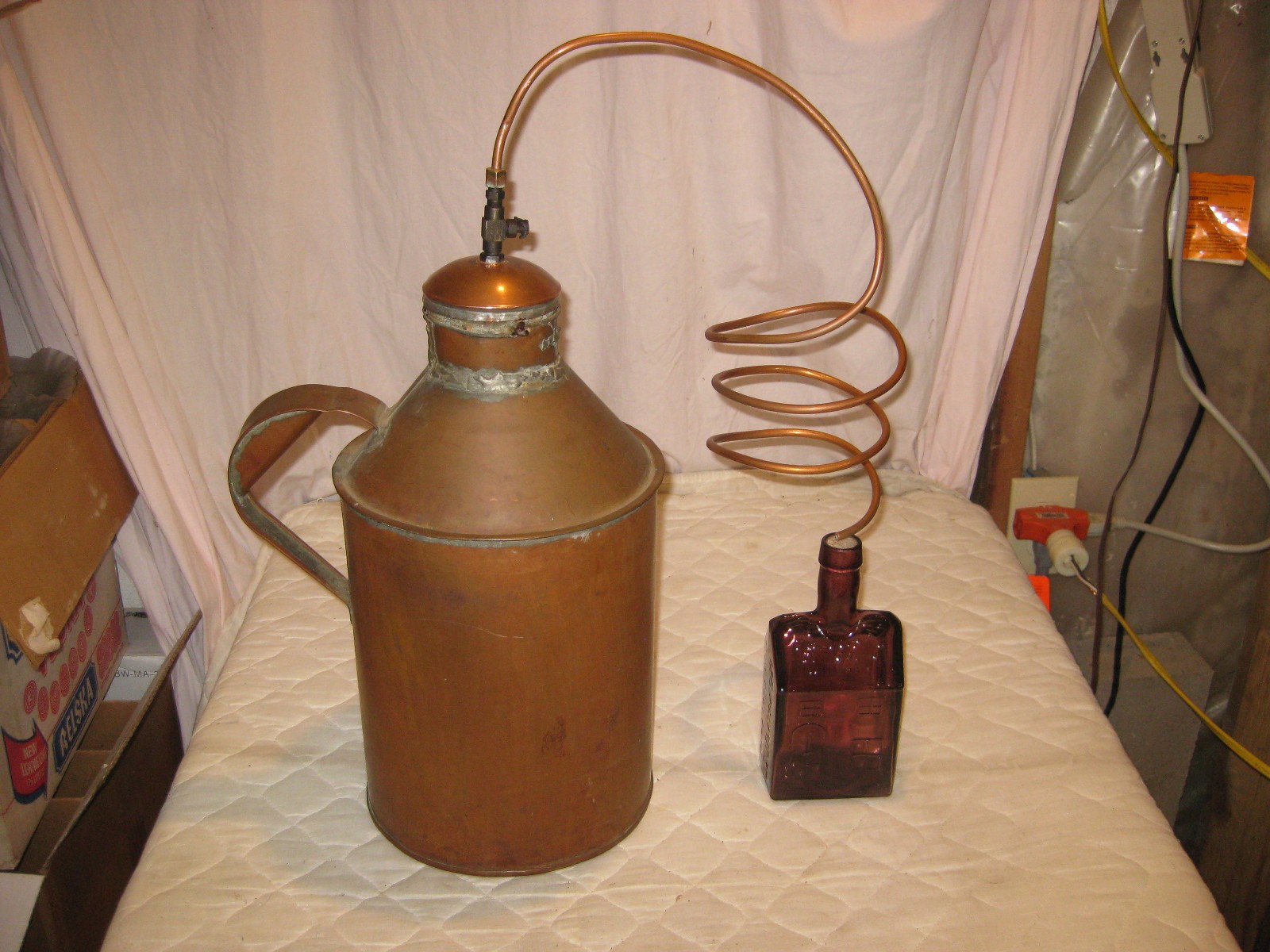NICE Antique Copper 2 GAL Moonshine Still w/Coil+ RARE K C BOOZ'S OLD CABIN JUG NICE Antique Copper 2 GAL Moonshine Still w/Coil+ RARE K C BOOZ'S OLD CABIN JUG