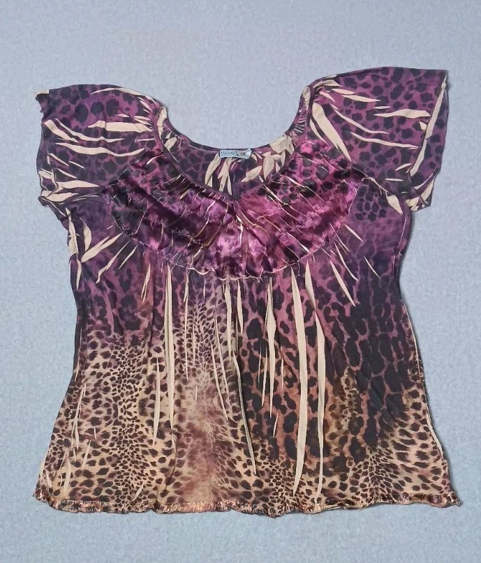 Unity World Wear Flutter Sleeve Tunic Blouse Size 1X Purple Leopard Print Fairy Unity World Wear Flutter Sleeve Tunic Blouse Size 1X Purple Leopard Print Fairy