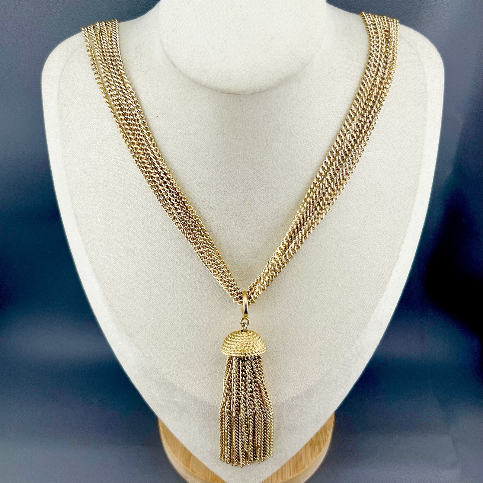 Vintage Sarah Coventry Necklace Gold Tone Tassel Pendant Multi Strand Chain 22”