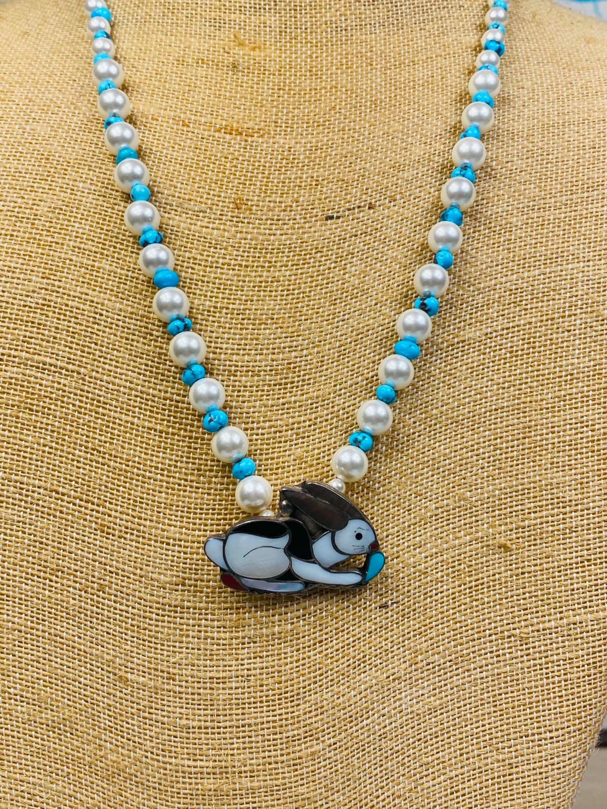 Vintage Native American Zuni Porfilio Sheyka Turquoise Silver Rabbit Necklace Vintage Native American Zuni Porfilio Sheyka Turquoise Silver Rabbit Necklace