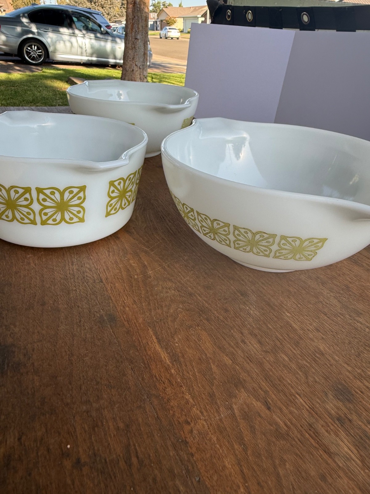 Vintage Pyrex Verde Square Flowers Casserole Set 473 474 475 No Lids