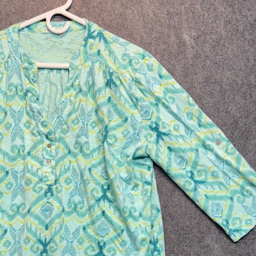 Fresh Produce Women 1X Turquoise Green Ikat Slub Knit 3/4 Sleeve Blouse Top Fresh Produce Women 1X Turquoise Green Ikat Slub Knit 3/4 Sleeve Blouse Top