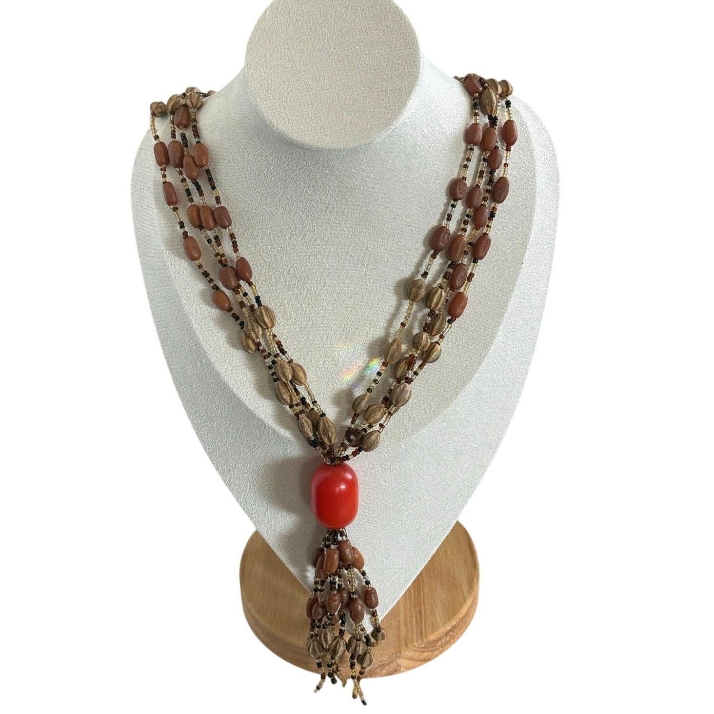 Vintage 70s Natural Seed Nut Necklace Multi Strand Tassel Boho Statement