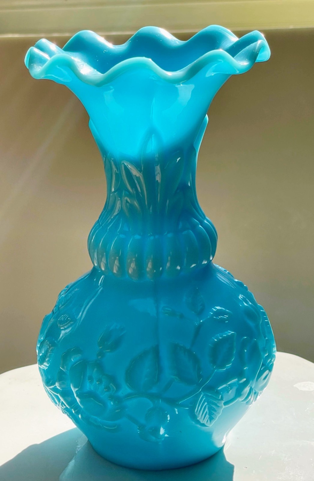 Antique French Blue Opaline Milk Glass Vase - 8\