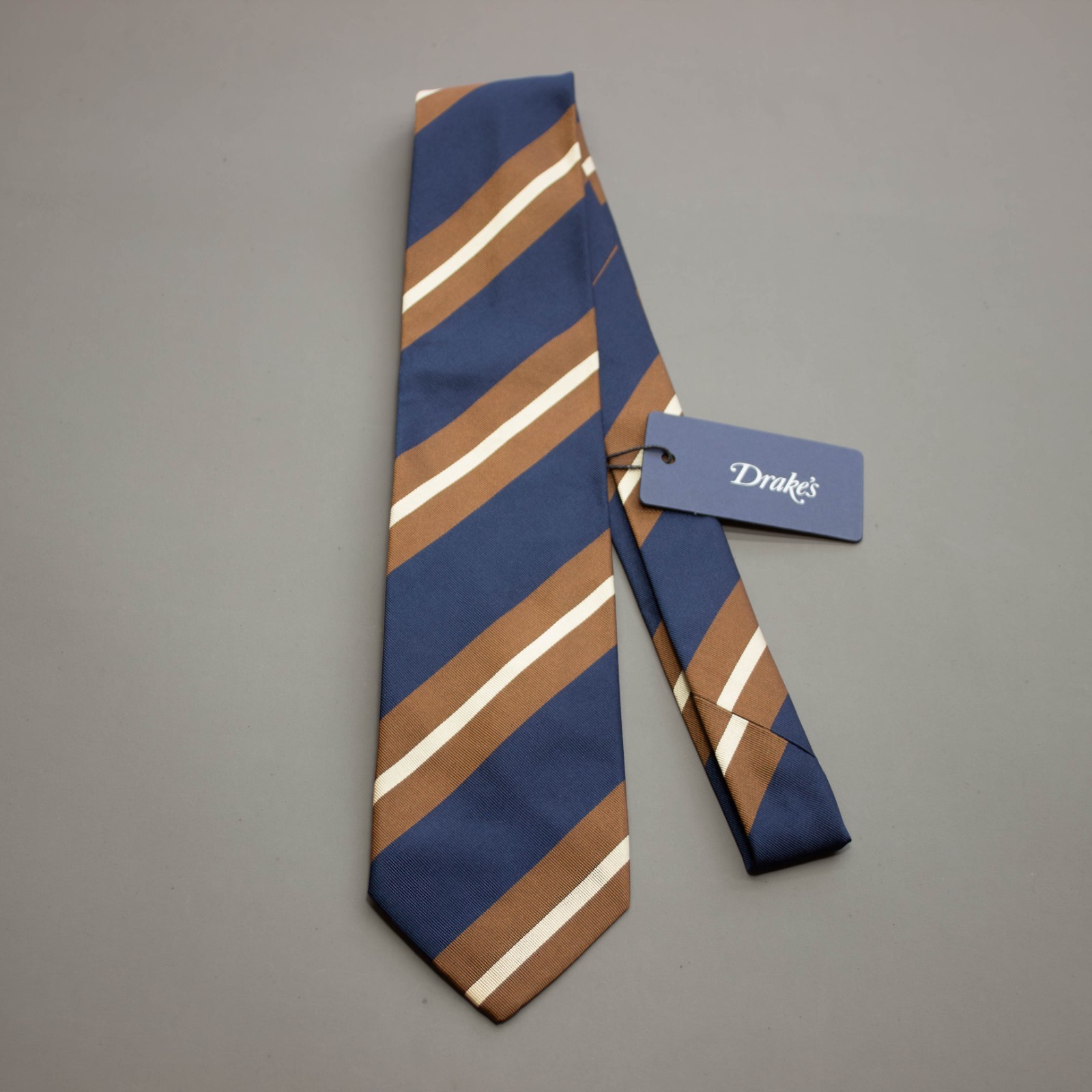 Drake’s Navy, Brown & Gold Regimental Stripe Tie / RRP £175 / Made in London