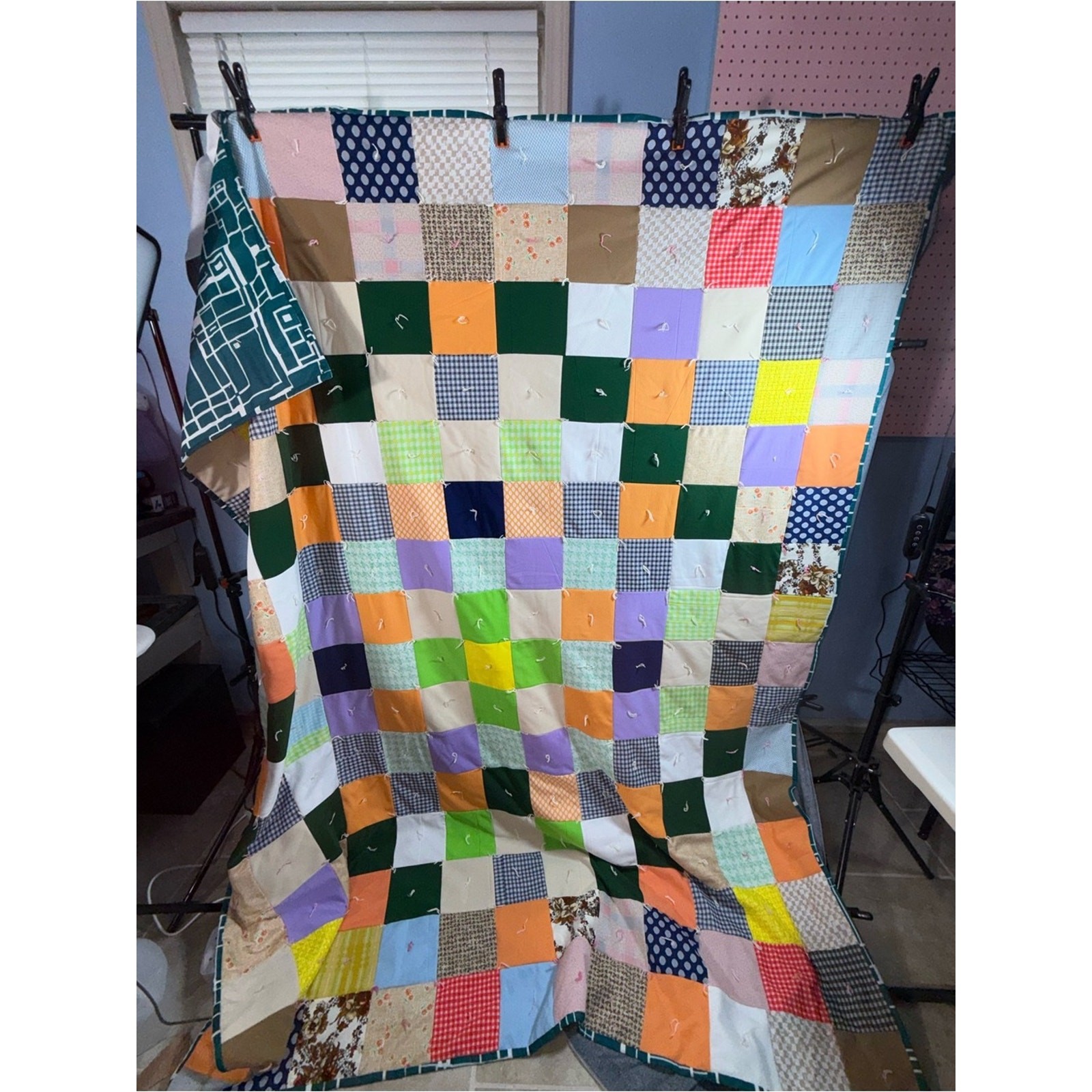 VTG 60’s-70’s Handmade Patchwork Quilt in Green, Orange, Purple, Cream VTG 60’s-70’s Handmade Patchwork Quilt in Green, Orange, Purple, Cream